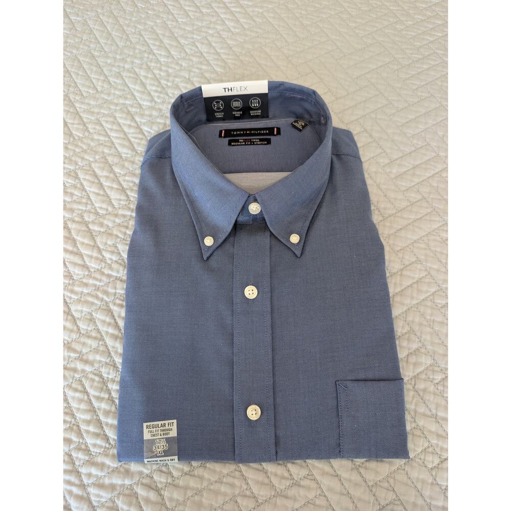 Tommy Hilfiger Dress Shirt Men's Size 17.5 34/35 Blue Regular Fit Flex Twill